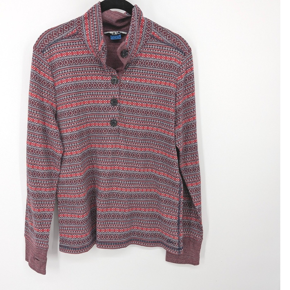 Kavu Pullover Women XL Red Fair Isle Geometric Henley Long Sleeve Stretch Top